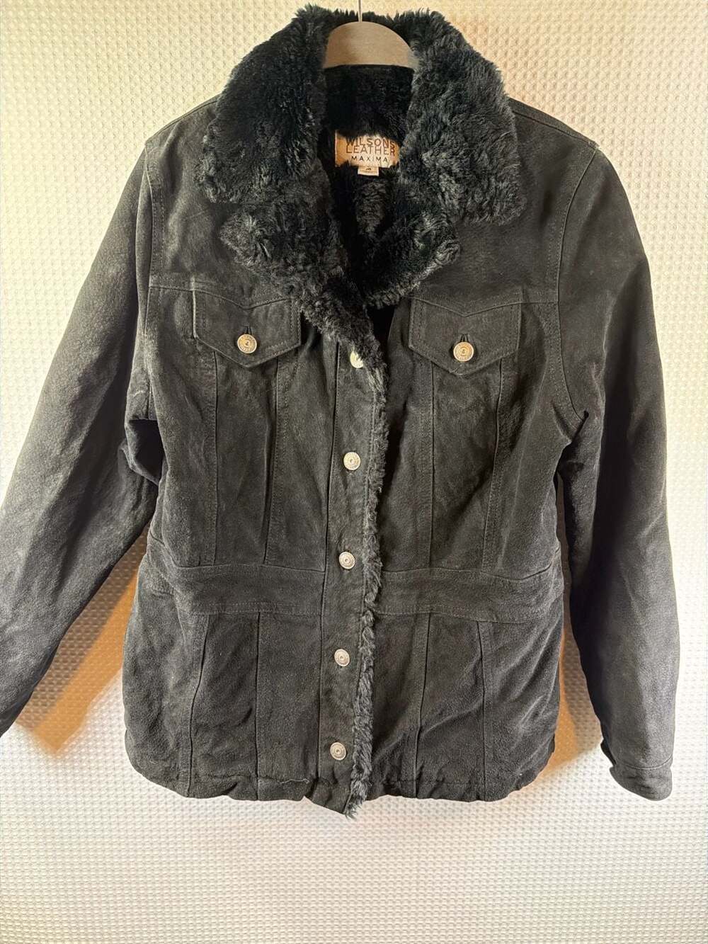 Wilsons Leather Maxima Black Suede Faux Fur Lined Button Front Jacket